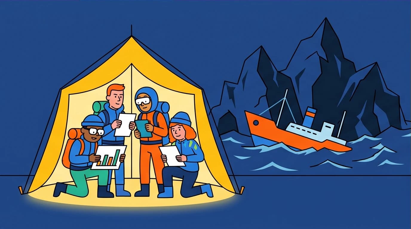 A team maintaining routine inside a tent during an arctic disaster, an example of resilience in crisis inspired by Shackleton's leadership.