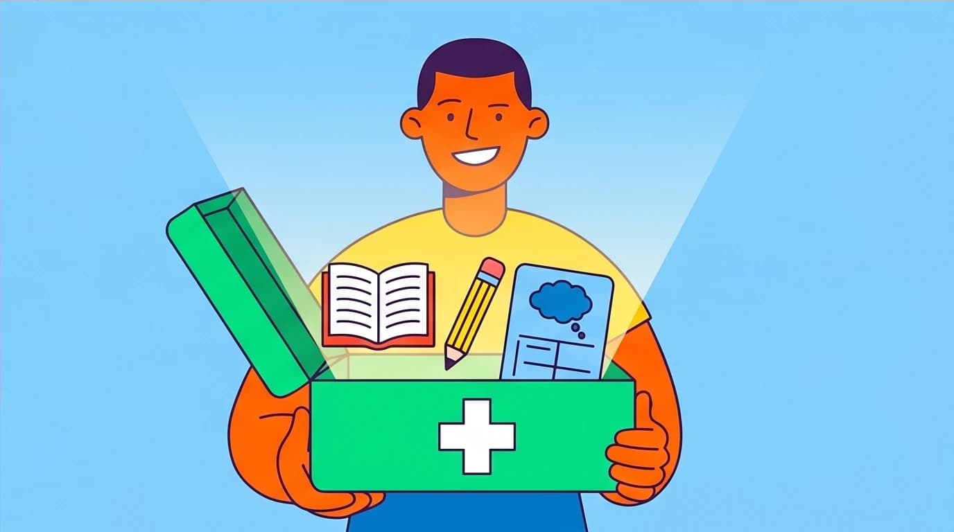 A person holding an emotional first-aid kit filled with tools from CBT books for anxiety, feeling prepared and confident.