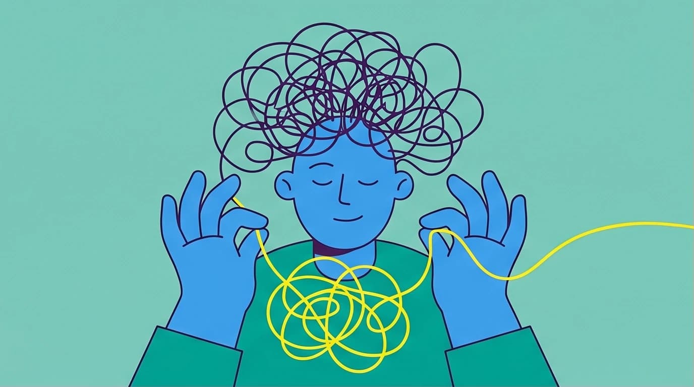 An illustration of a person reframing negative thoughts by untangling a chaotic scribble, a core concept from the best CBT books for anxiety.