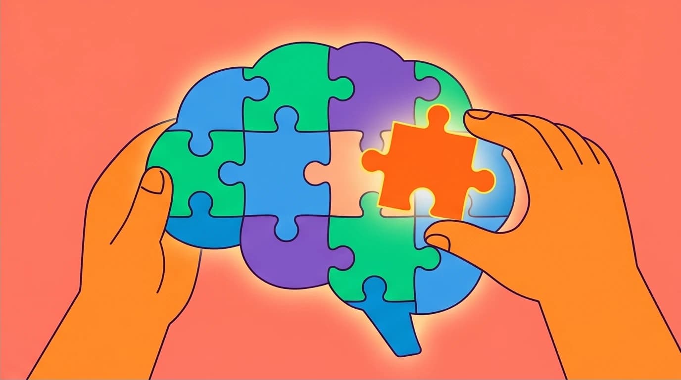 A person completing a brain-shaped jigsaw puzzle, symbolizing how the best CBT workbooks treat anxiety as a solvable problem.