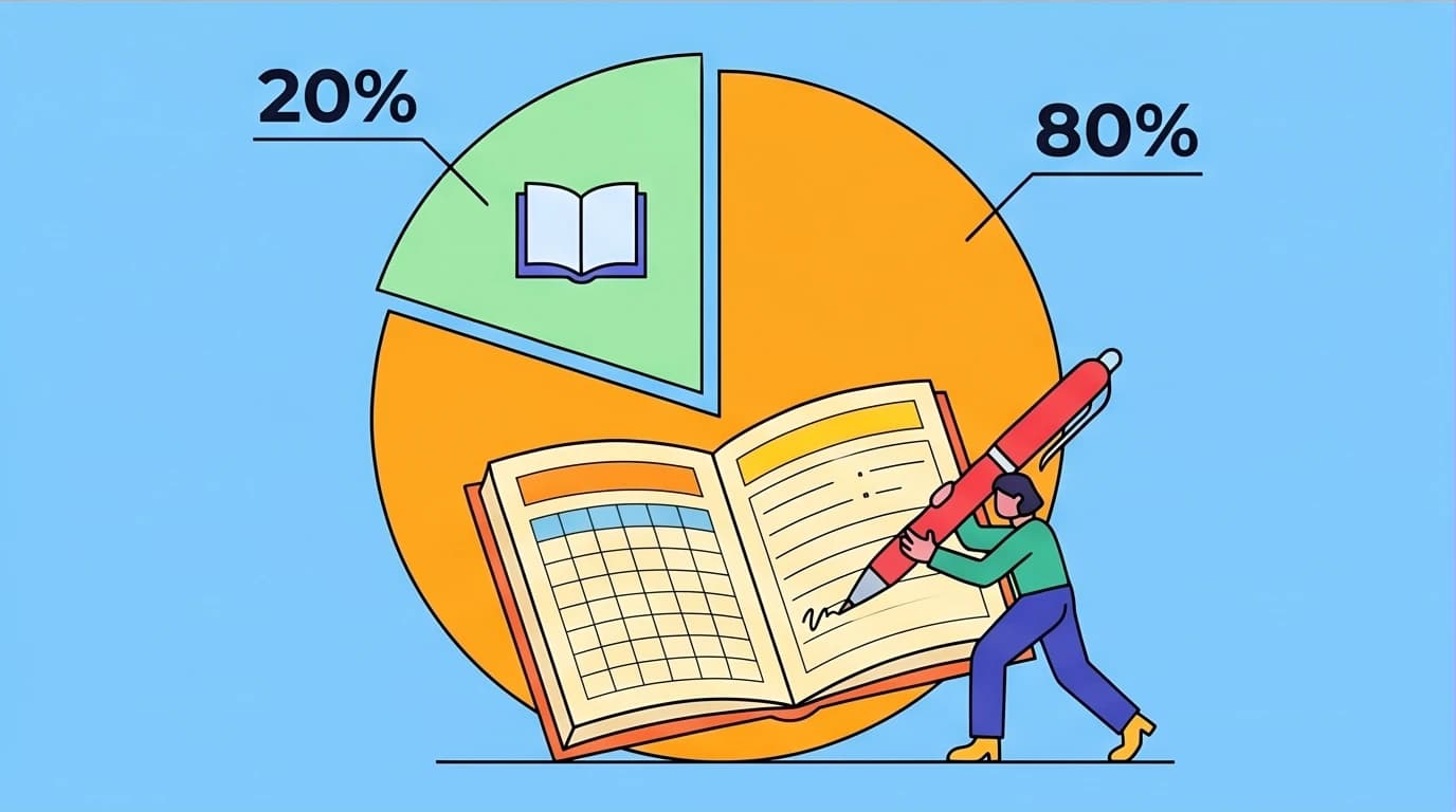 Anxiety workbook represents the 80% of CBT that is active exercises, compared to 20% reading, shown in a pie chart illustration.