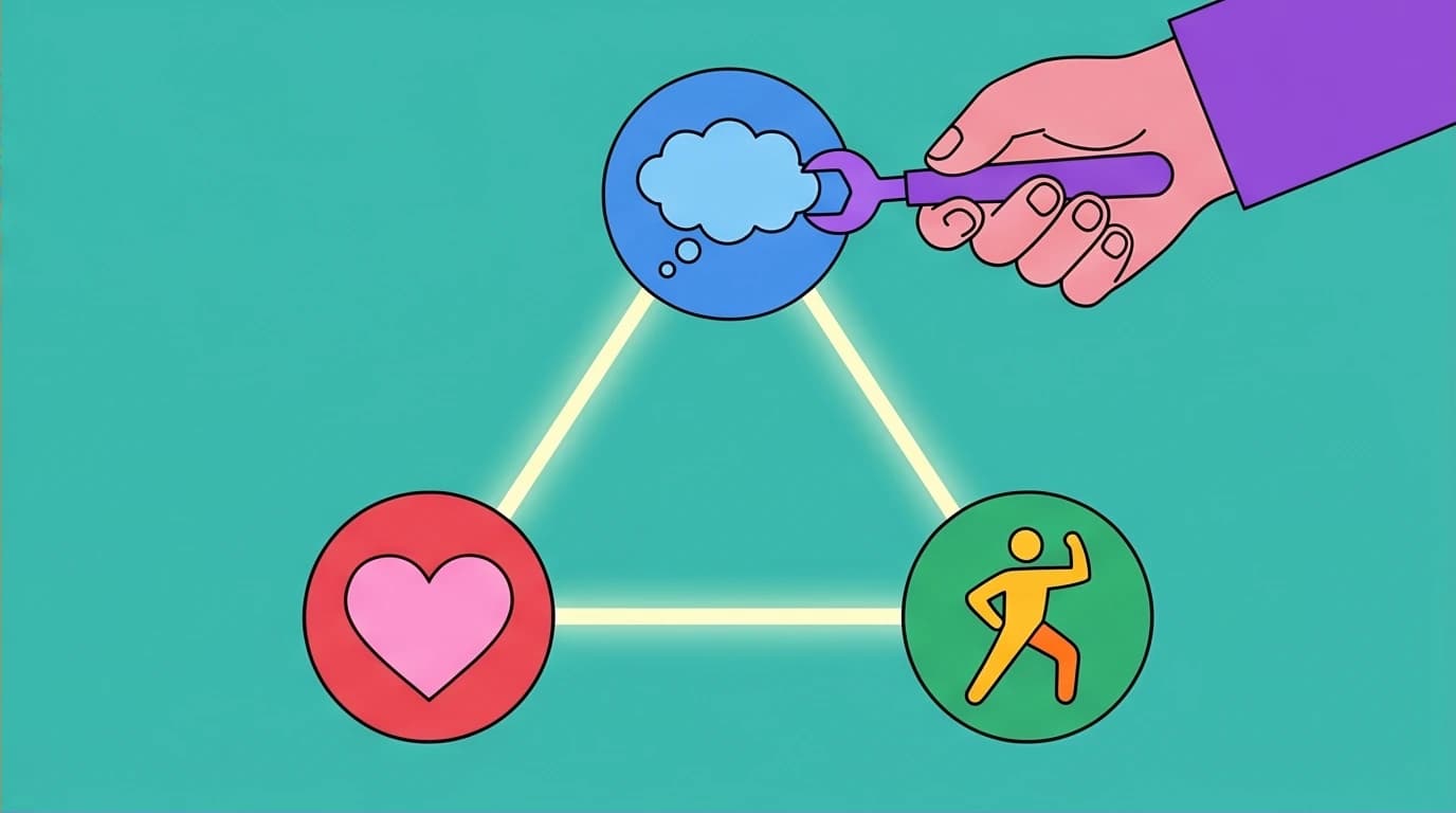 Diagram shows how Cognitive Behavioral Therapy works, with icons for thoughts, feelings, and behaviors in an interconnected cycle.