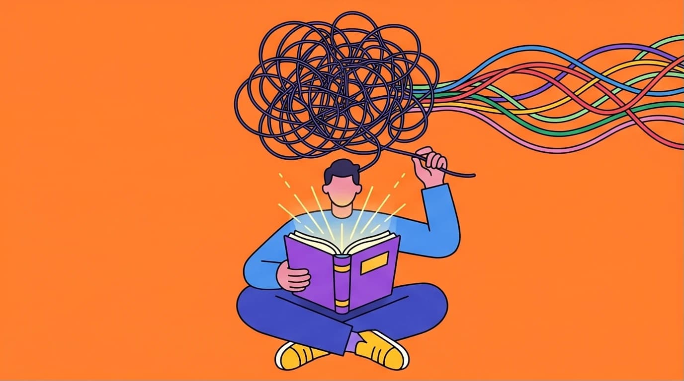 An illustration of a person using one of the best CBT books for anxiety to untangle chaotic thoughts, representing regaining mental control.