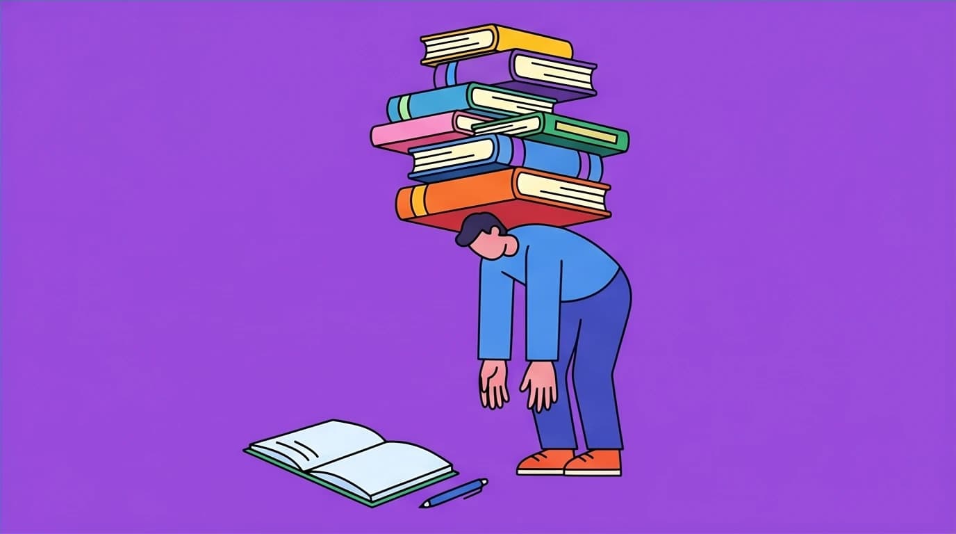 Illustration of the intellectual trap: a person with a head of books can't use a CBT workbook, showing knowledge without action.
