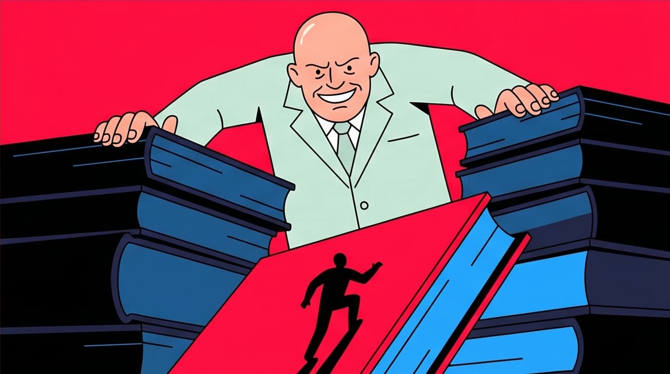 An allegorical illustration of the challenge of reading Blood Meridian, with a giant character looming over a landscape of difficult books.