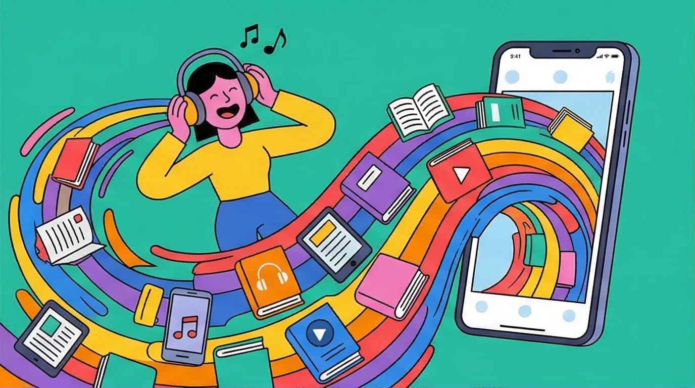 An illustration of a person using one of the best library apps for iPhone, with a vibrant stream of digital books flowing from the screen.