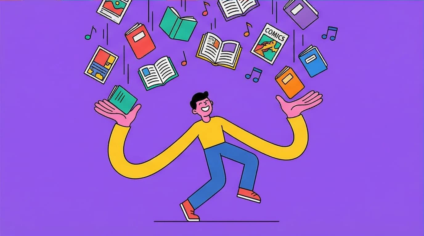 An illustration for the Hoopla app on iPhone, showing a person getting instant access to free digital books and audiobooks with no waiting.