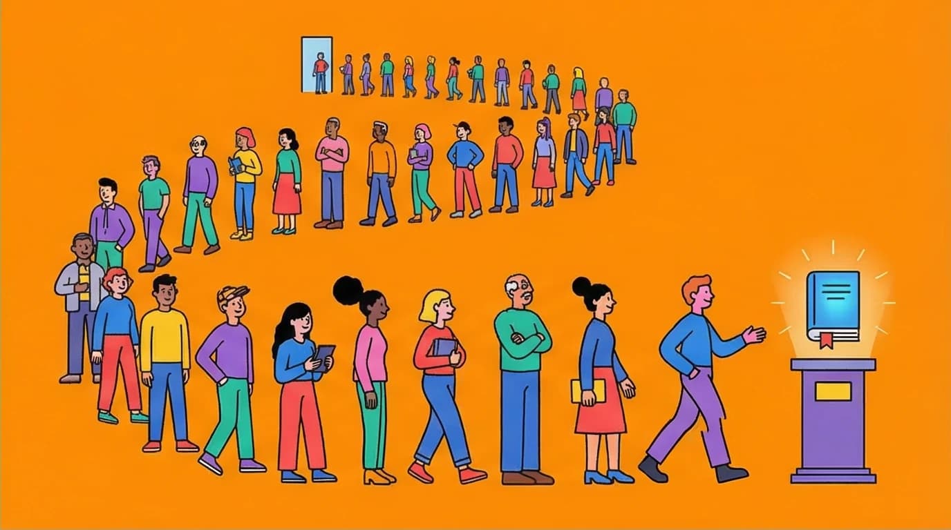 A conceptual illustration of the Libby app's digital waitlist, with a line of people waiting to borrow a single popular ebook.