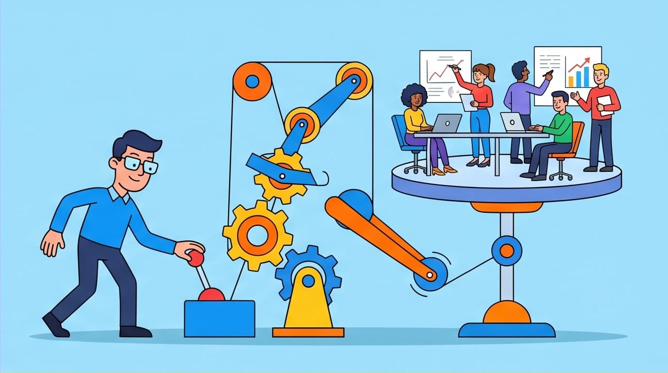 Illustration of a manager using leverage, a core concept from must-read management books, to increase team output and efficiency.