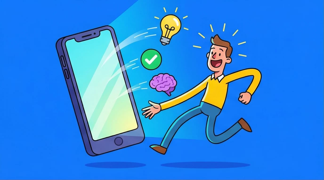 Illustration of a person engaging with a microlearning platform on a giant mobile phone, receiving bite-sized knowledge for effective corporate training.