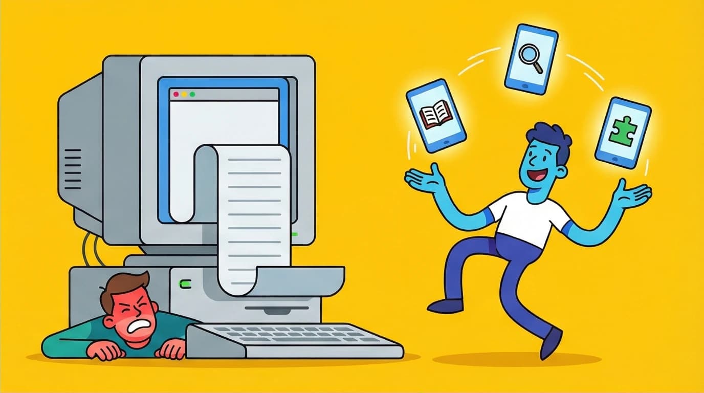 A visual comparison showing a worker overwhelmed by traditional corporate training vs. a worker thriving with a modern microlearning lms.