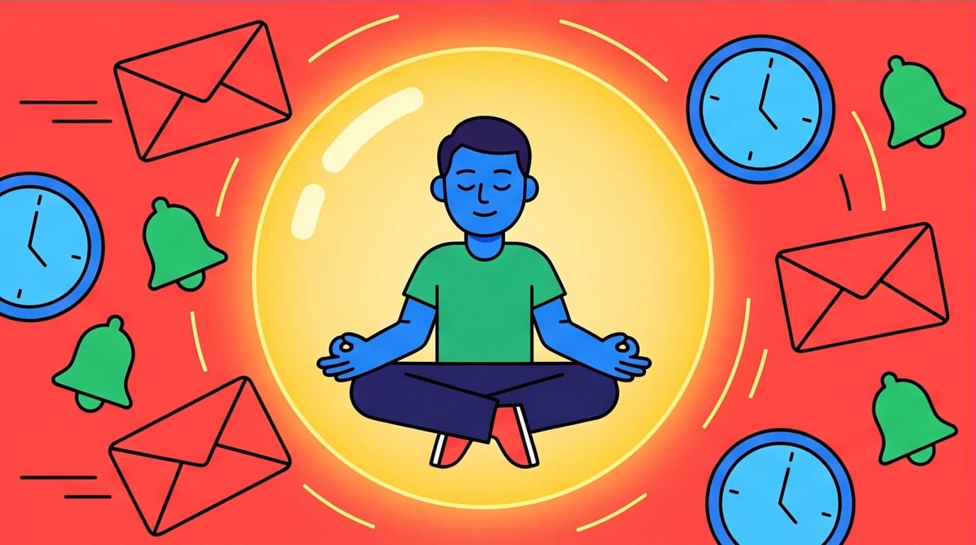 A person in a calm bubble amid a storm of work icons, showing how mindfulness books help build daily habits for inner peace.