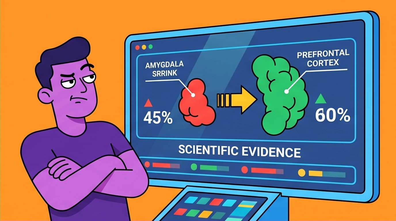 A skeptical character convinced by a brain scan showing the scientific benefits of meditation, a concept from top mindfulness books for learners.