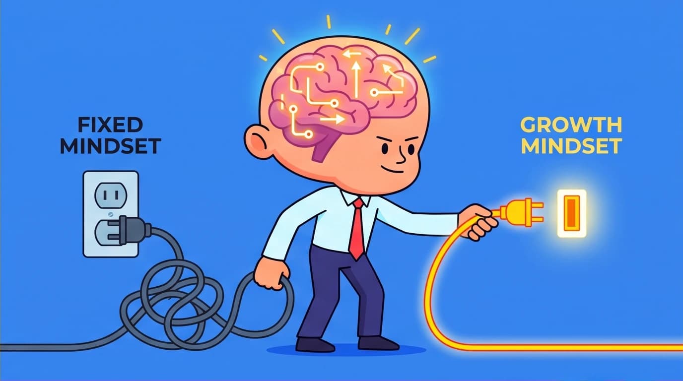 Illustration showing the concept of rewiring a fixed mindset into a growth mindset, a key lesson from the best books for entrepreneurs.