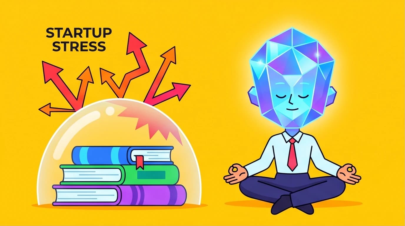 An entrepreneur using mindset books to build a shield of unbreakable resilience against the stress of business growth and failure.