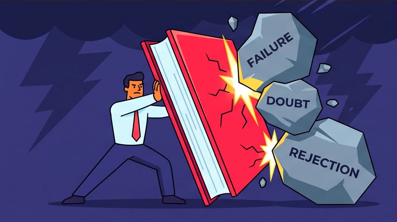 An entrepreneur using a book as a shield to survive business failure, symbolizing the mental toughness gained from mindset books.