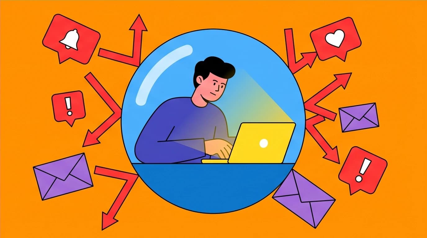 A focused entrepreneur protected from distractions in a bubble, illustrating the 'deep work' principle from productivity books.