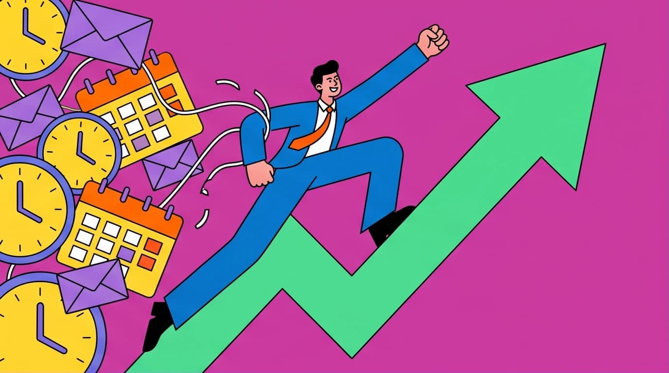 An illustration of an entrepreneur breaking free from task-chains, symbolizing how productivity books help scale a business without burnout.