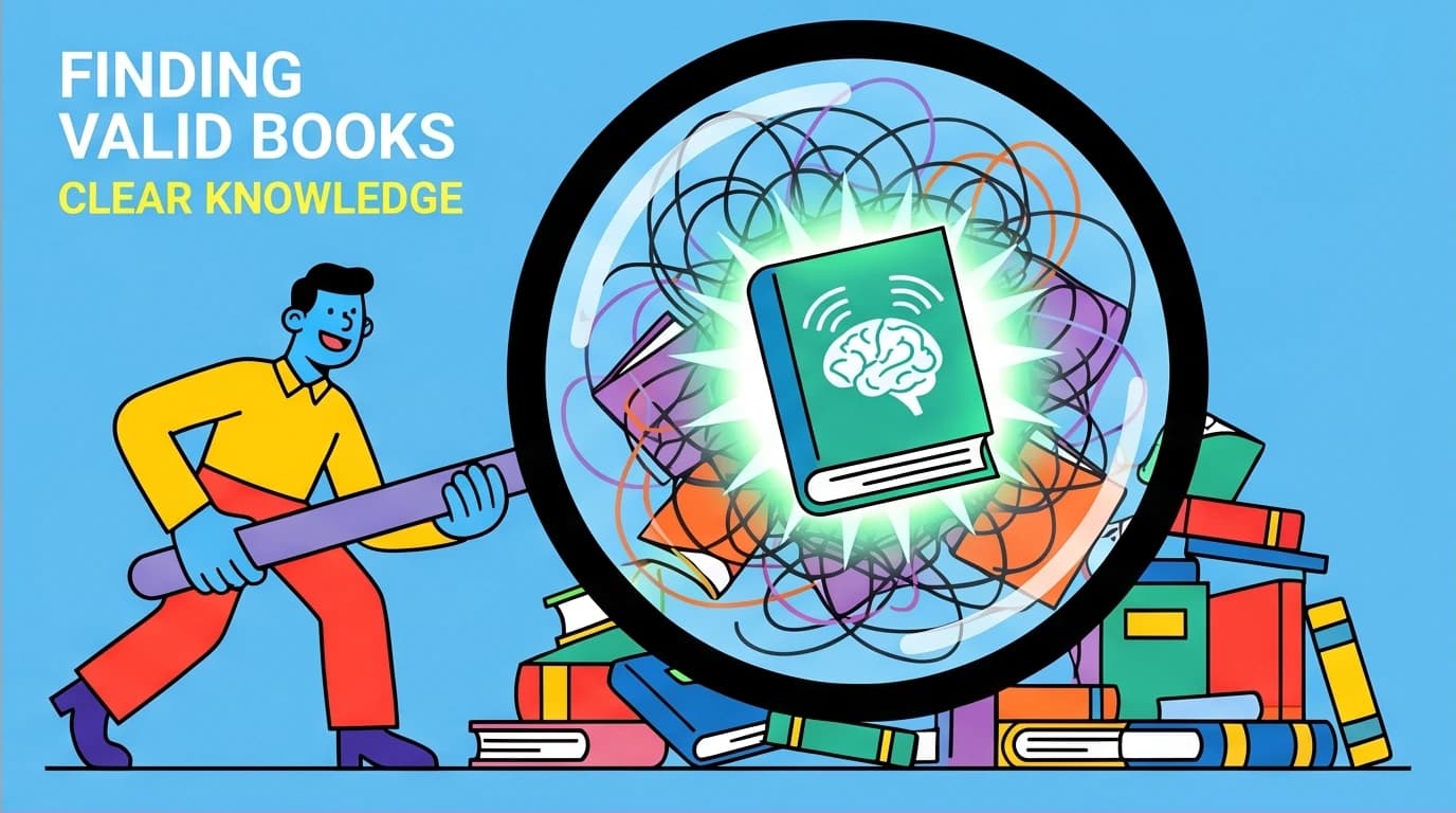 A character using a magnifying glass to find a scientifically sound psychology book among a pile of confusing 'fake psychology' books.