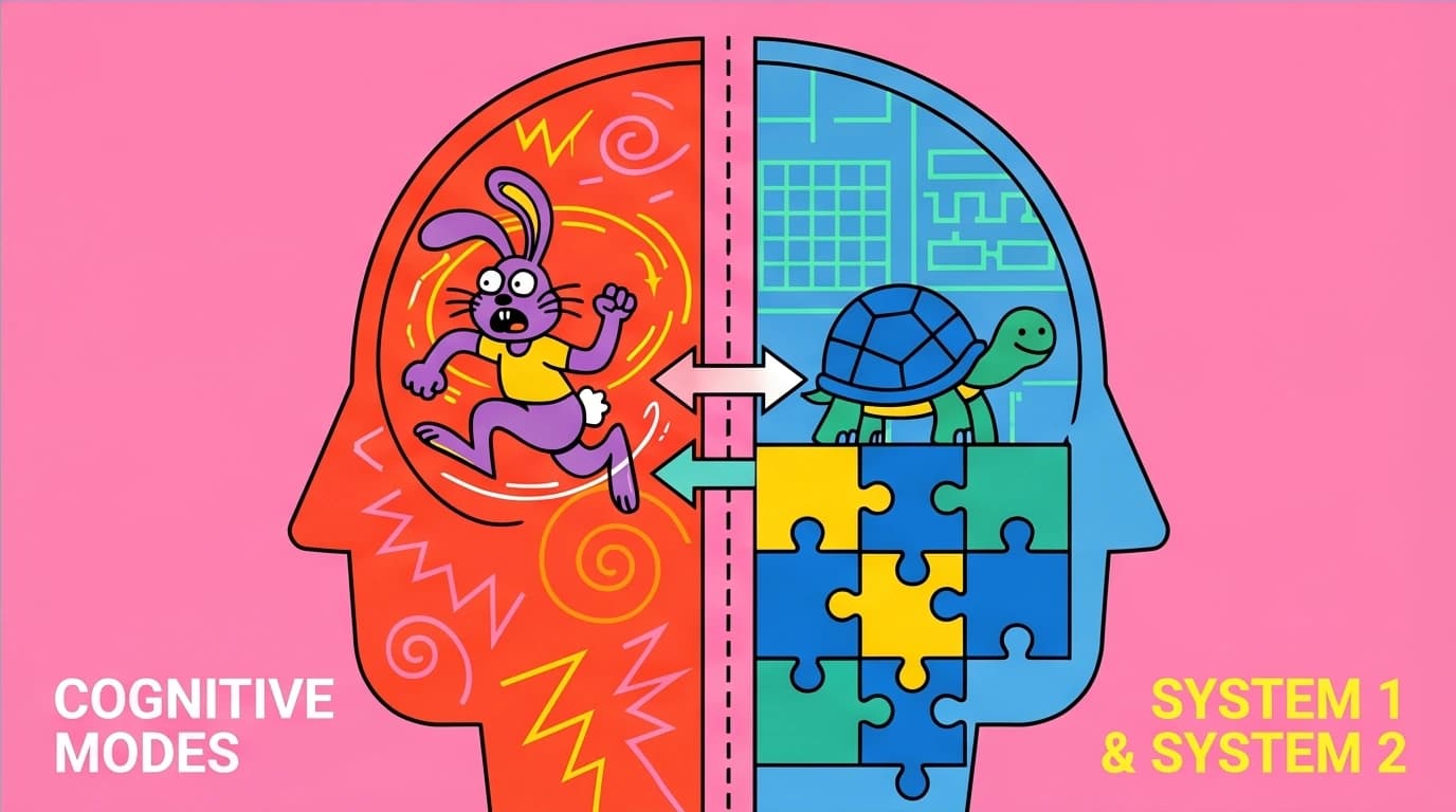 A brain's two systems: a fast, impulsive rabbit versus a slow, rational tortoise, representing the core idea of cognitive psychology and decision-making.