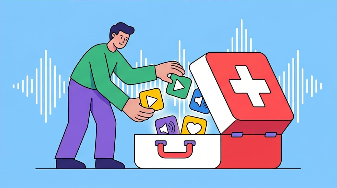A person builds an emotional first-aid kit with podcast icons, a practical self-care tip for managing emotions with healing audio.