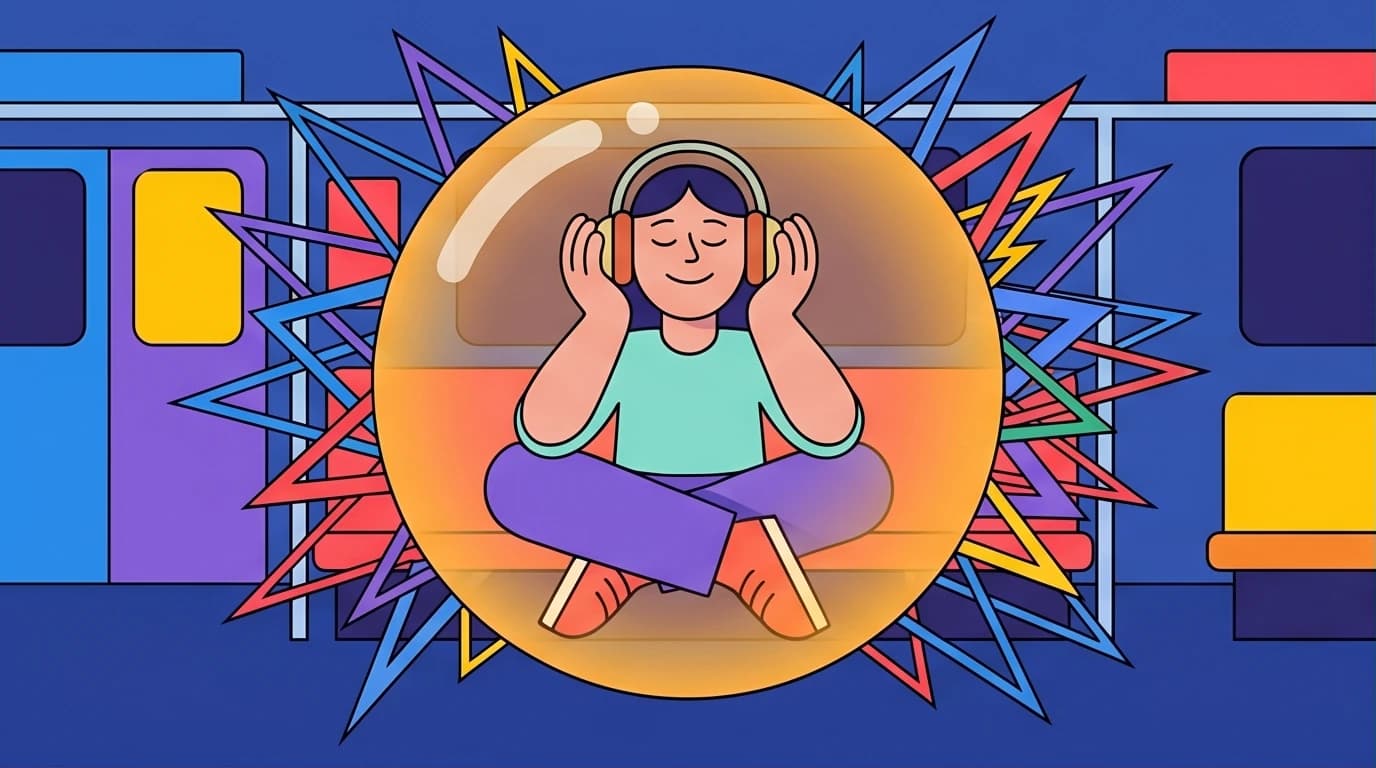 A person finds inner peace on a chaotic commute listening to a psychology podcast, showing the power of healing audio for stress.