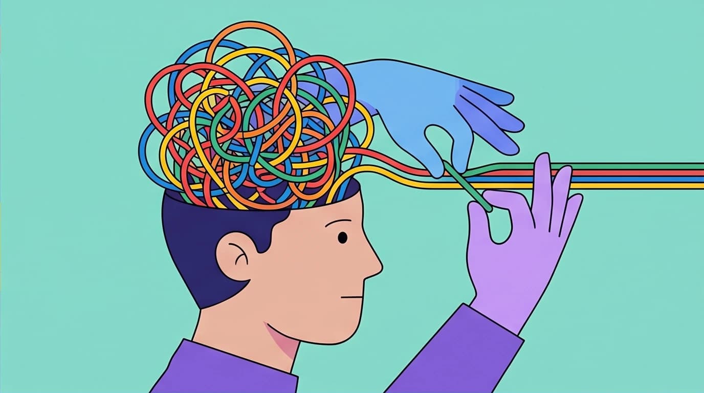 Conceptual art showing hands untangling messy thoughts from a person's head, illustrating the healing power of psychology podcasts.