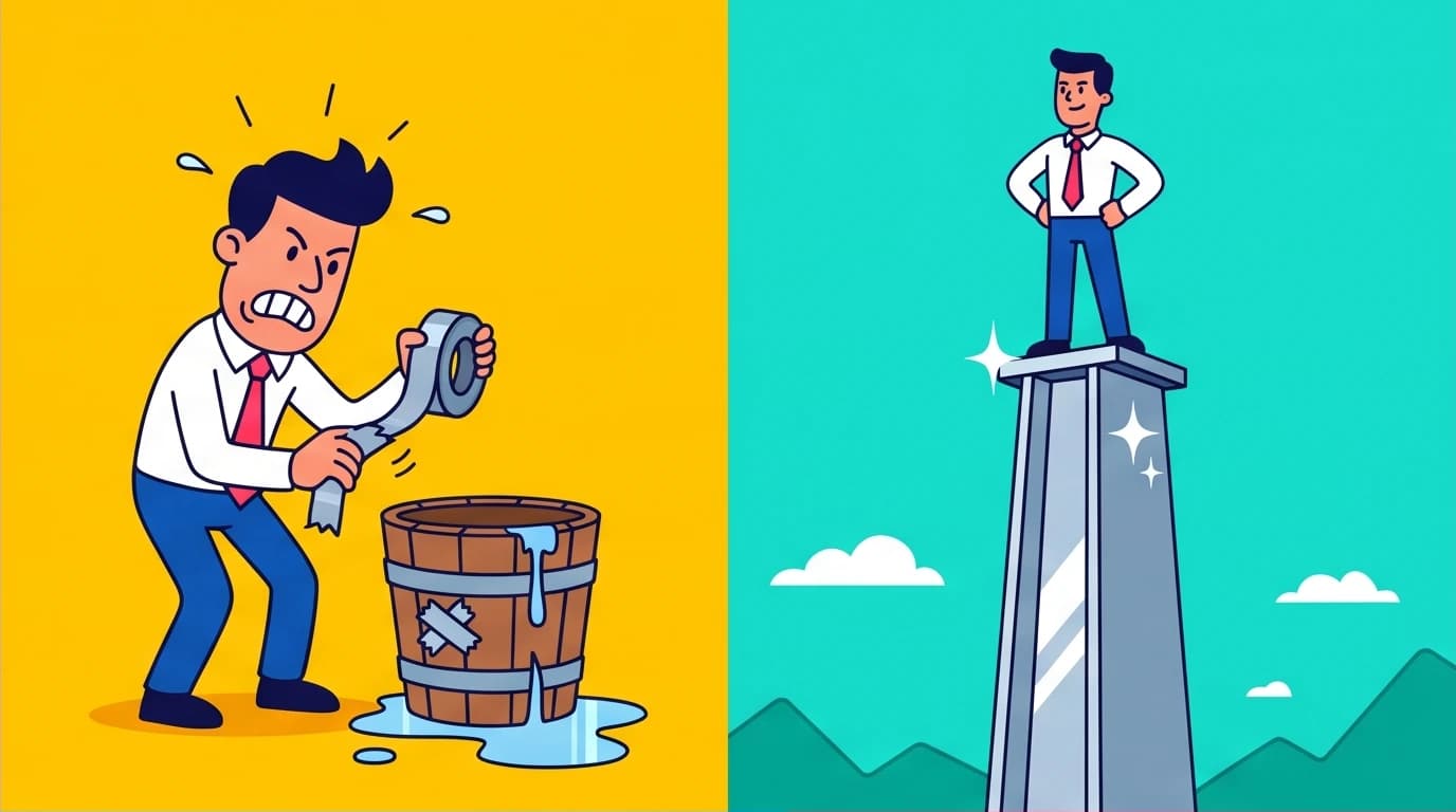 A visual contrast between the outdated Bucket Theory and the modern Strongest Link strategy for superior team management and performance.