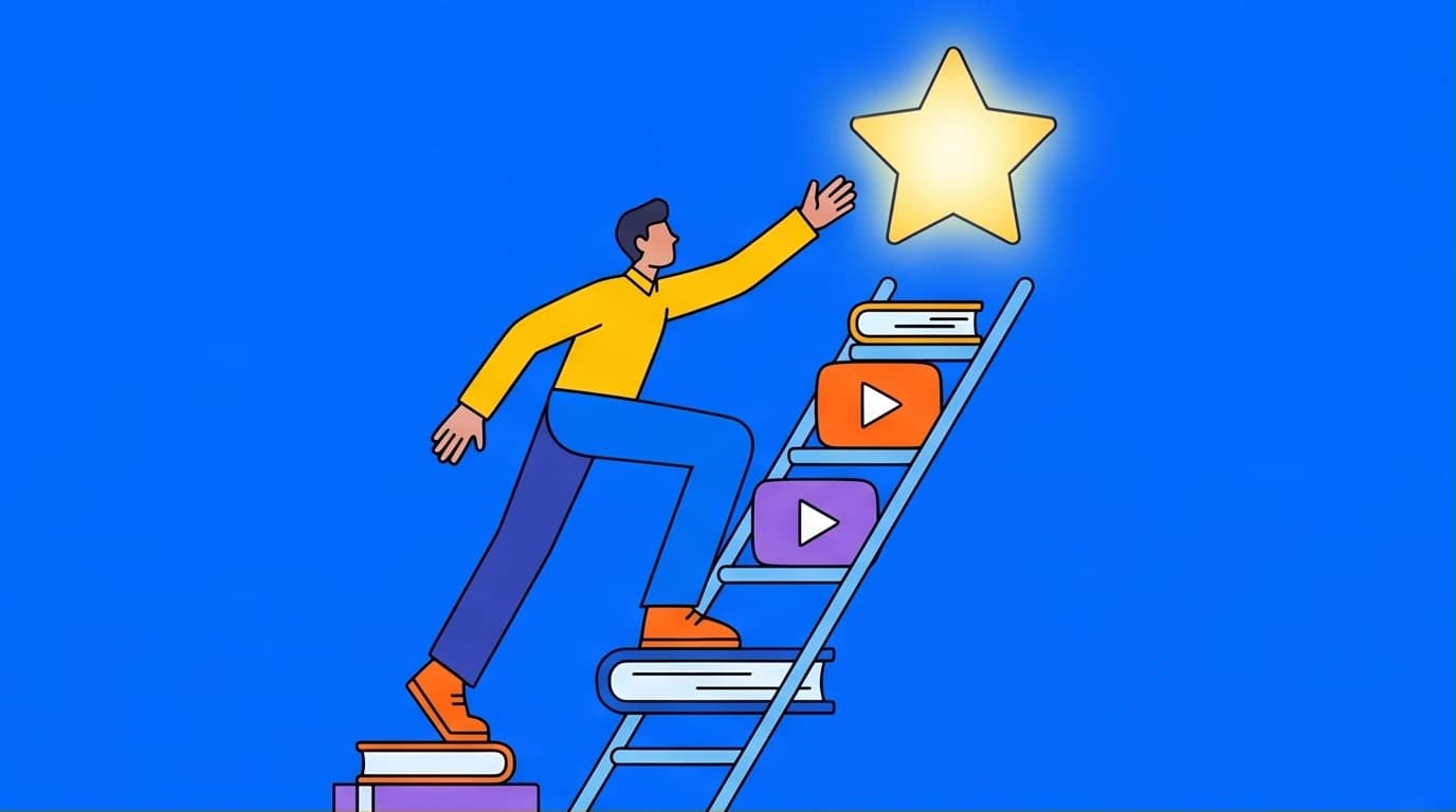 A professional scales their career by learning from the best Skillshare classes for business, illustrated by a figure climbing a ladder of knowledge.