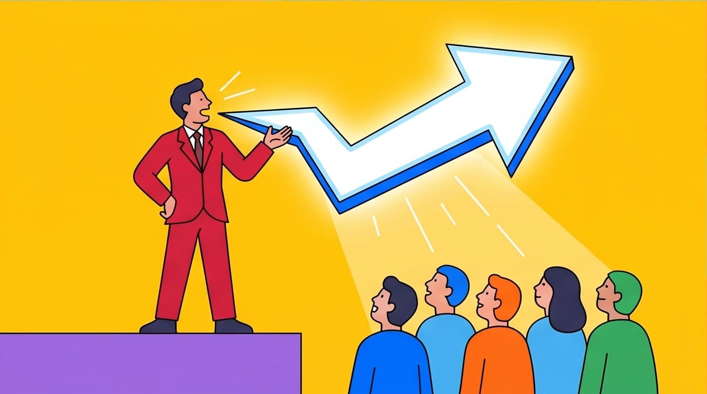 A leader uses powerful communication skills learned from a Skillshare leadership course to inspire an audience with a core idea.
