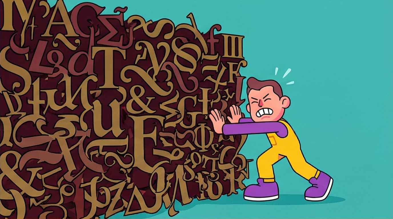 Illustration of a reader struggling with an archaic translation of Meditations, depicted as an impenetrable wall of old-fashioned text.