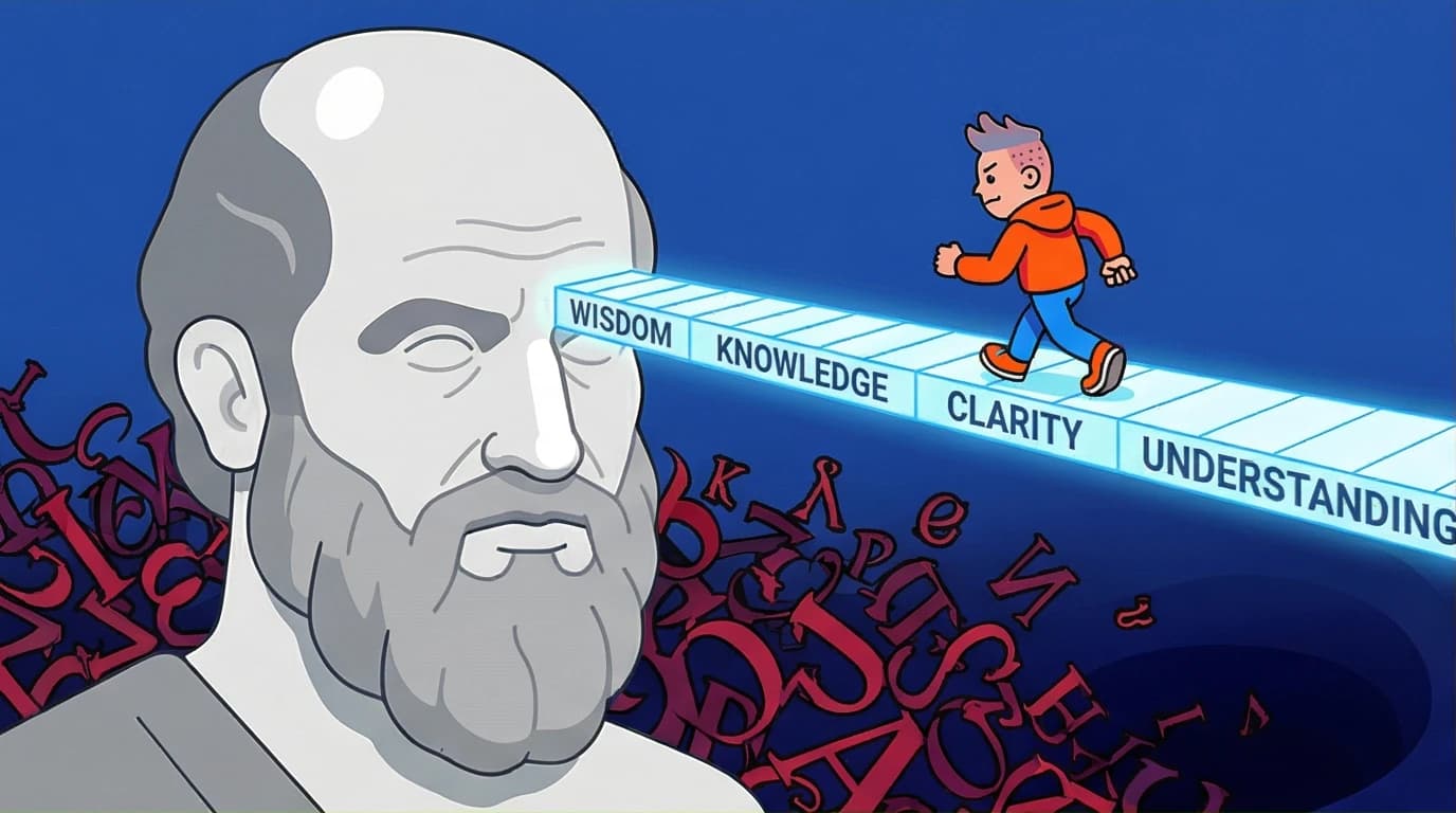 An illustration of a modern person accessing Marcus Aurelius's wisdom via the best modern translation of Meditations, shown as a clear bridge.