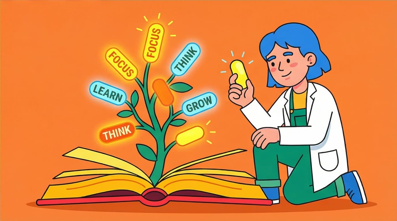 An illustration on how to read Meditations effectively by digesting small pieces of wisdom, shown as tending to a book-plant.