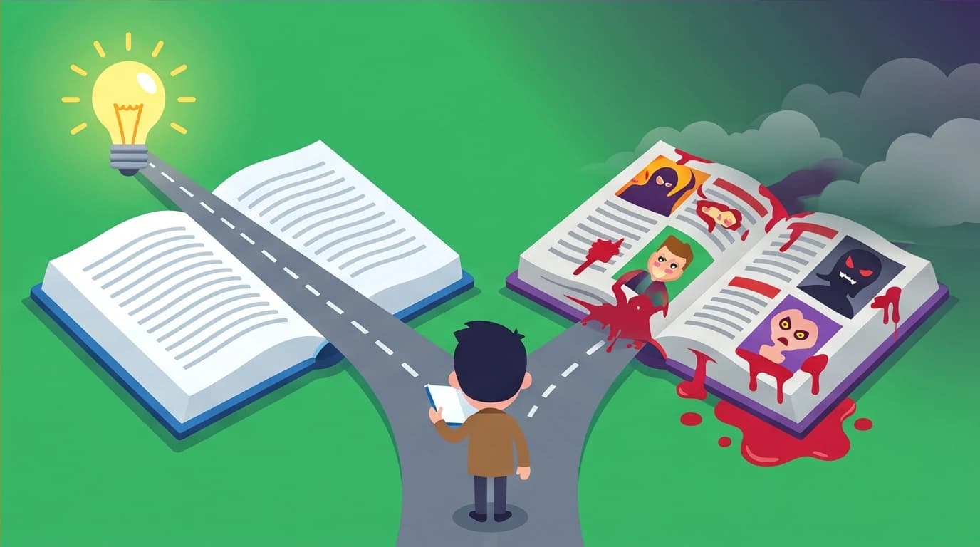 A reader choosing a path of factual reporting over sensationalism, a key tip for selecting the best true crime books and avoiding common pitfalls.