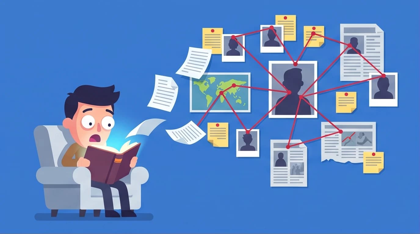 Illustration of a person reading one of the best true crime books, with the pages turning into a detective's evidence board, representing a story that reads like a thriller.