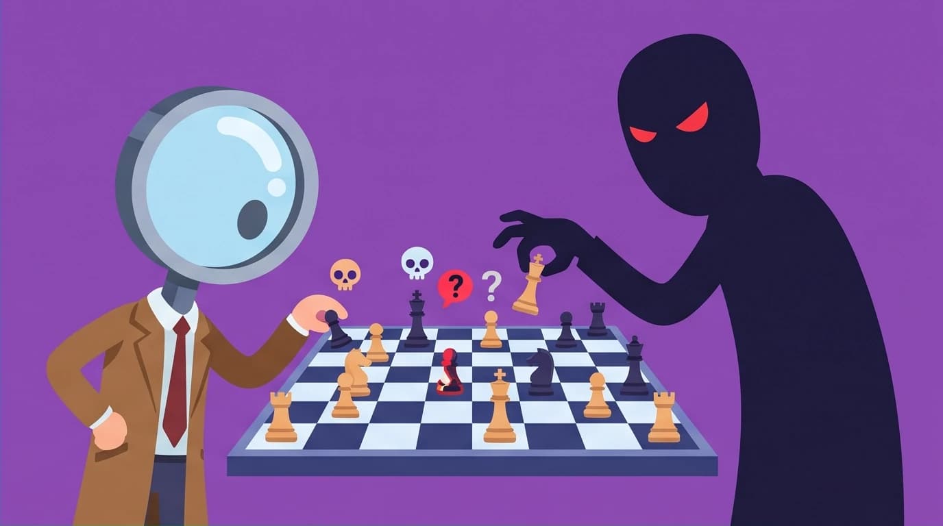 Corporate Memphis style art showing a detective playing a psychological chess match against a killer's shadow, symbolizing the profiling in true crime books like Mindhunter.