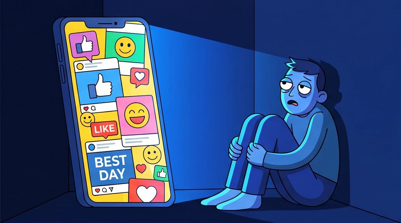 An illustration showing a person overwhelmed by social media, finding a comforting quote from Huang Shan-Liao's book 'Make Life Better'.