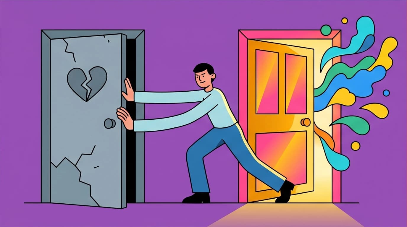 Illustration of a person closing a door on a bad relationship to open a new one, symbolizing healing heartbreak with Huang Shan-Liao's quotes.