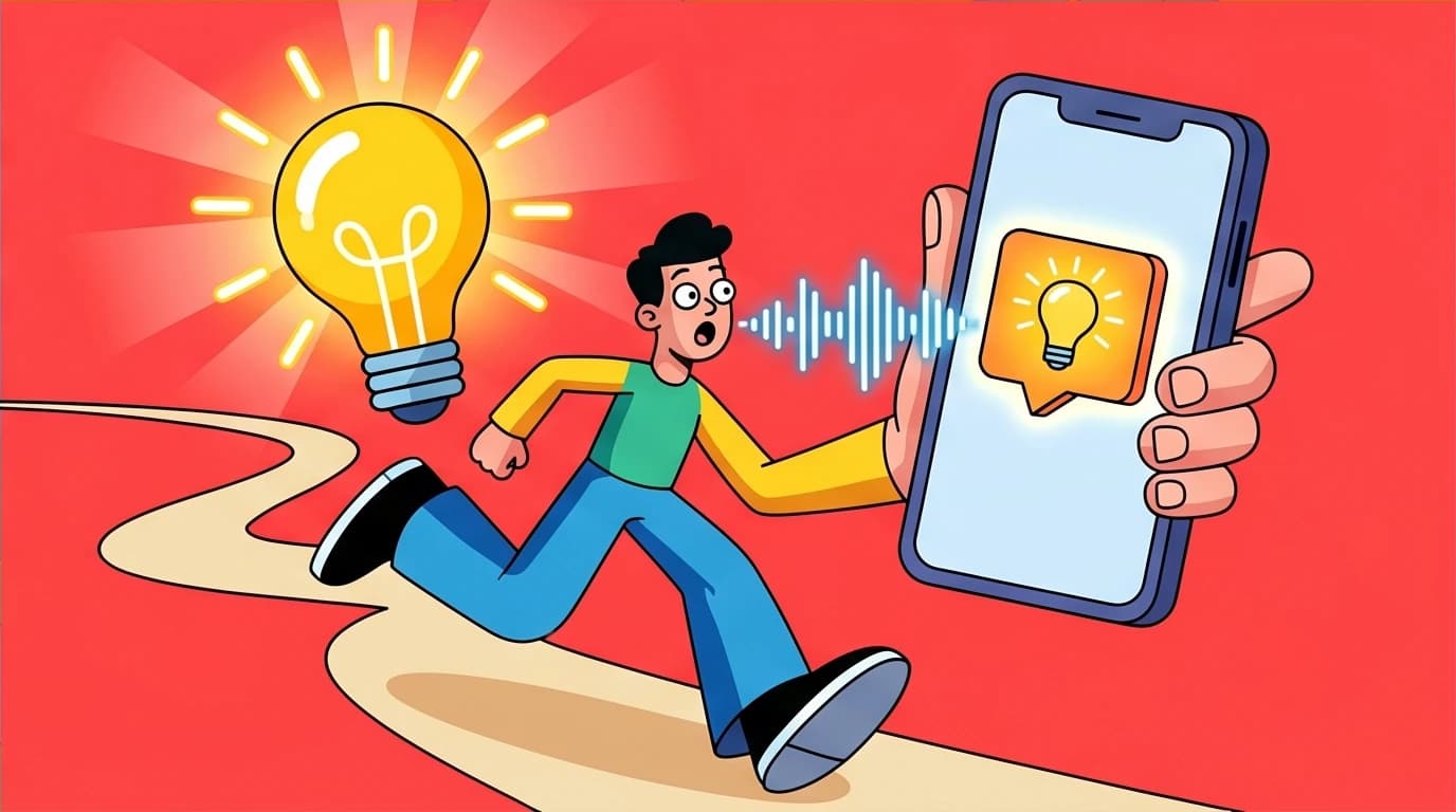 A person captures a brilliant idea from a book summary podcast using a voice memo on their smartphone while on the go, improving knowledge retention.
