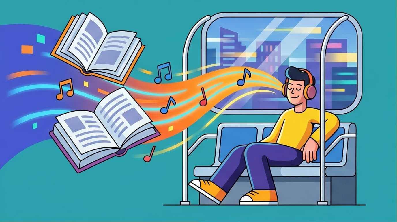 An illustration of a person on a commute listening to a book summary podcast, with books transforming into knowledge flowing into their headphones, representing efficient learning.