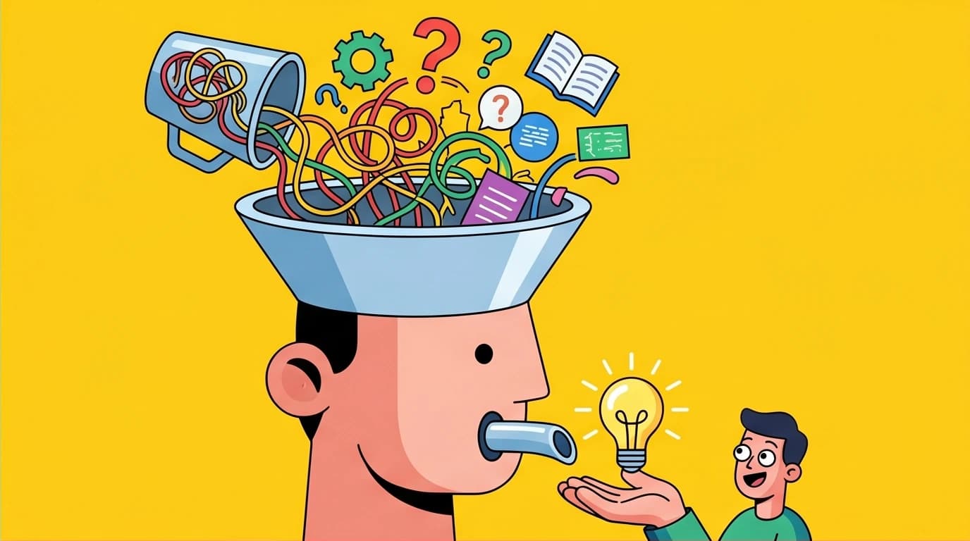 A conceptual illustration showing how a book summary podcast acts as a knowledge filter, simplifying complex book ideas into a single key insight for the listener.