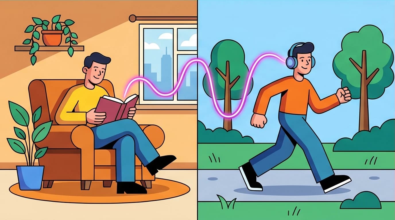 An illustration depicting the seamless transition between reading a physical book at home and listening to an audiobook app while commuting.