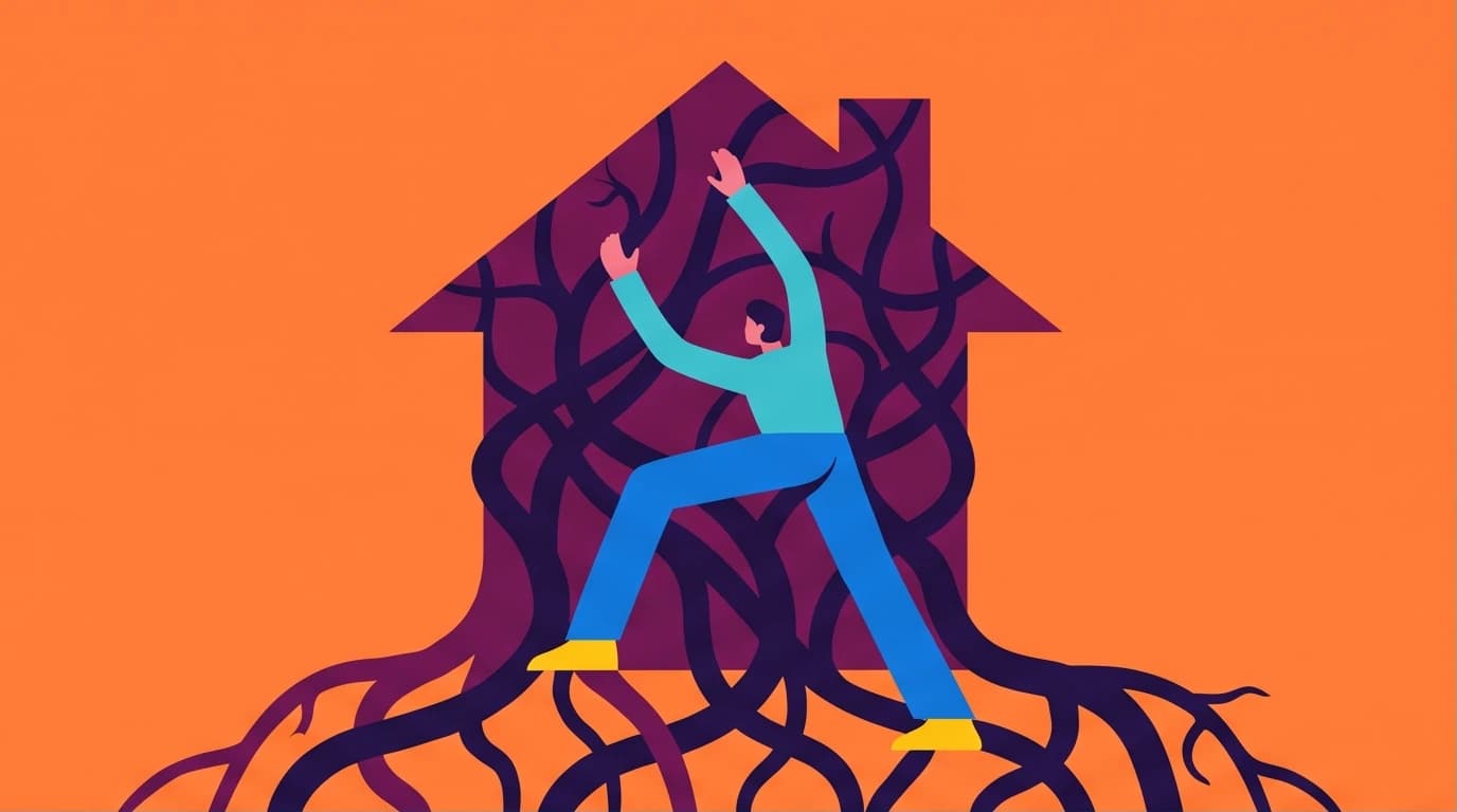 An illustration of a person breaking free from heavy roots, symbolizing recovery and healing with the help of books about toxic parents.