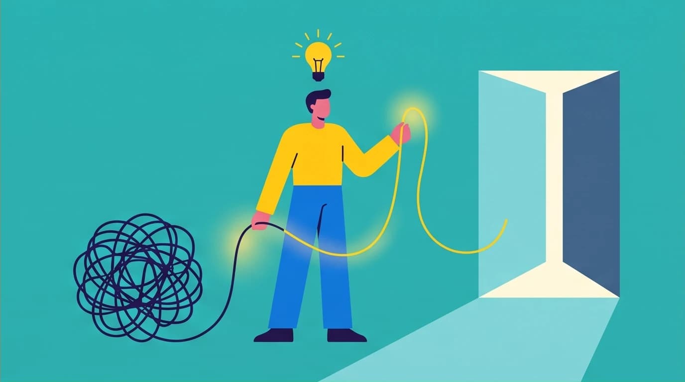 A person finding a single glowing thread of clarity in a chaotic knot, representing understanding family dysfunction through reading.