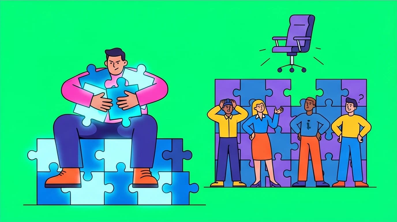 A character hoarding information, illustrating a common career pitfall to avoid for aspiring managers aiming for a leadership role.