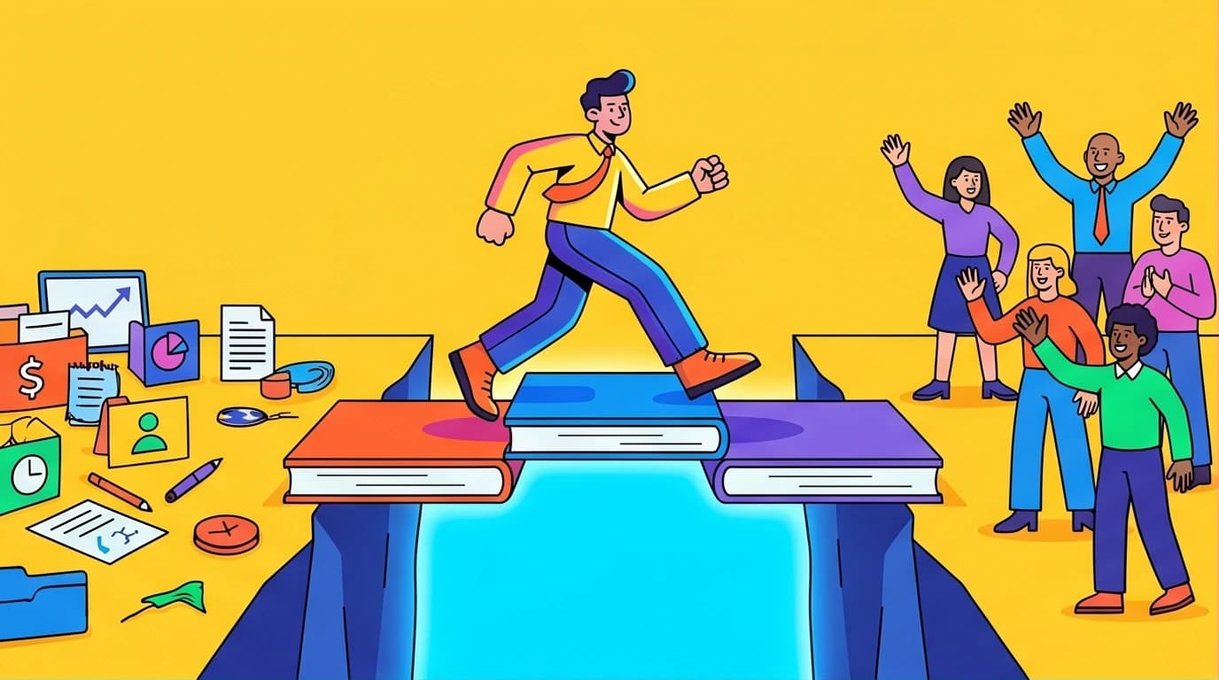 An illustration of an aspiring manager crossing a bridge made of books, symbolizing the mindset shift required to secure a first leadership role.