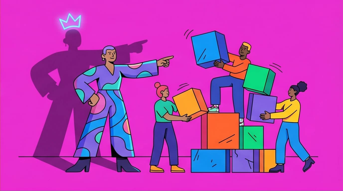 A person organizing a team while their shadow wears a crown, showing how aspiring managers can demonstrate leadership potential before getting the title.