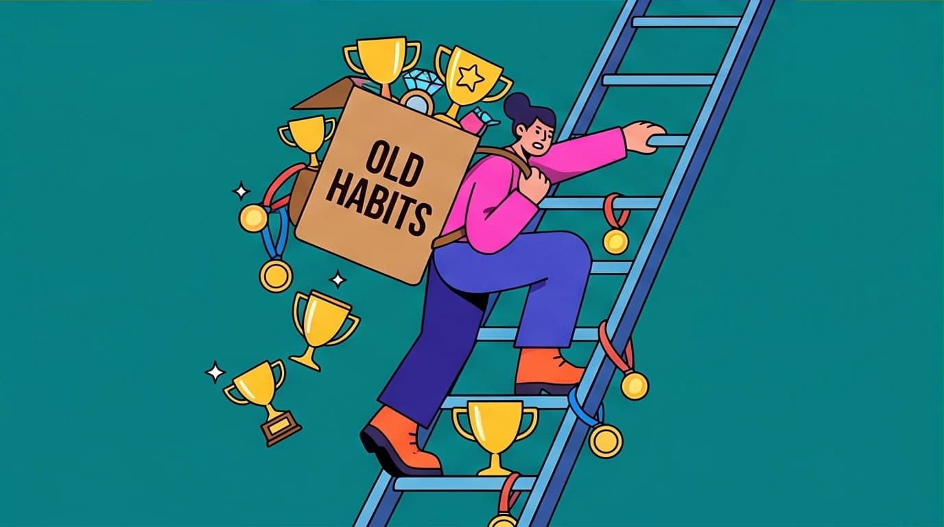 A high-achiever weighed down by a backpack of old habits, a concept from books for aspiring managers on overcoming career stalls.