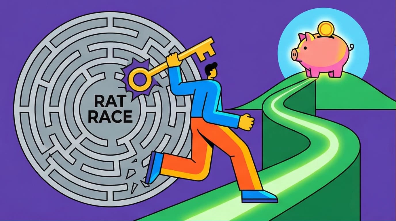 An illustration of a person escaping a maze, representing the shift from the Rich Dad Poor Dad mindset to actionable wealth-building strategies.
