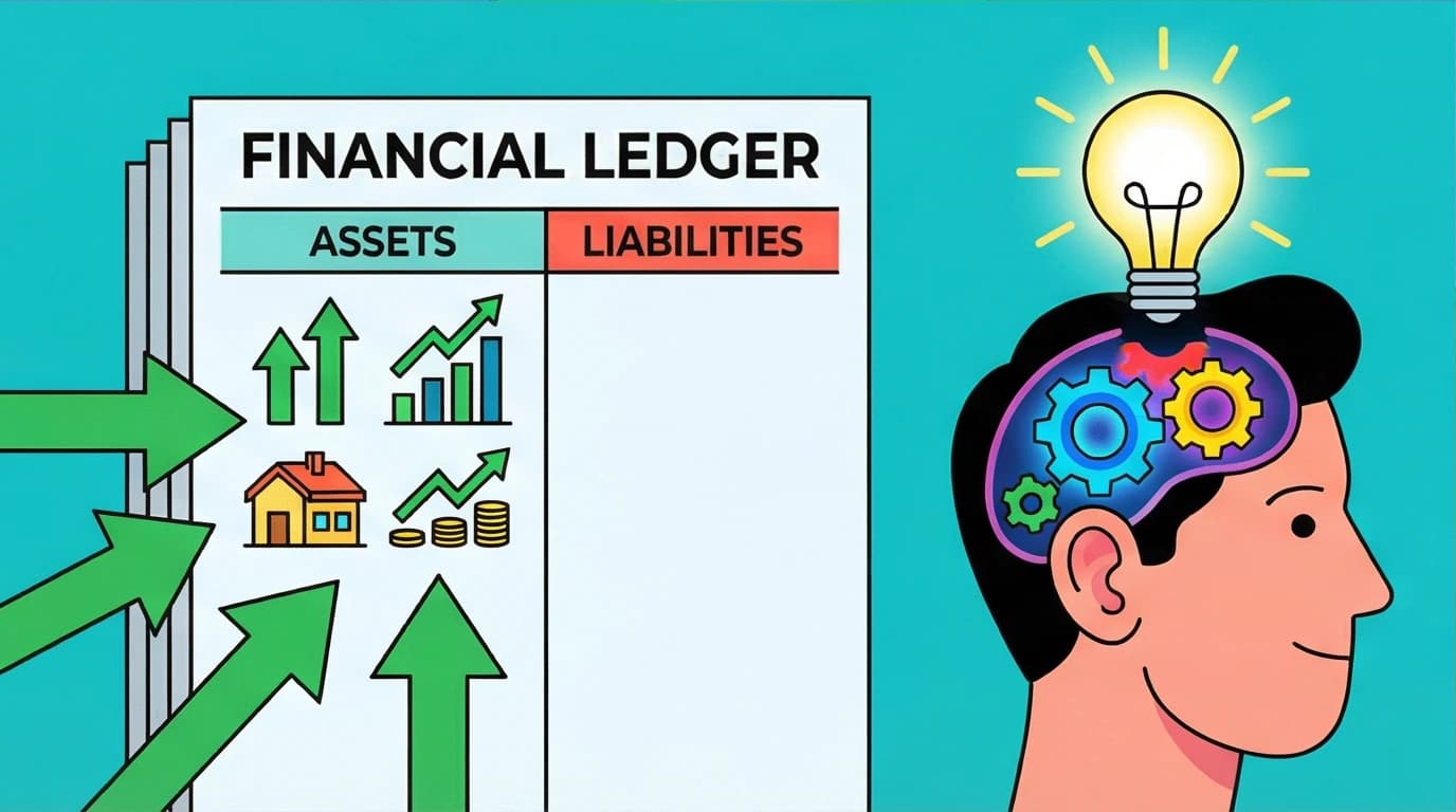 A split-screen illustration comparing the financial mechanics of Rich Dad Poor Dad versus the psychological mindset of Think and Grow Rich.